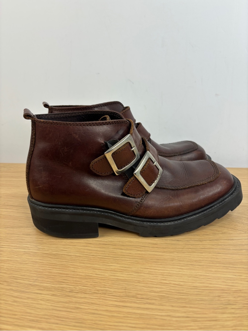 Y2K Vintage 90s Mosa Brown Leather Double Buckle Ankle Boot Woman’s 41 US 10